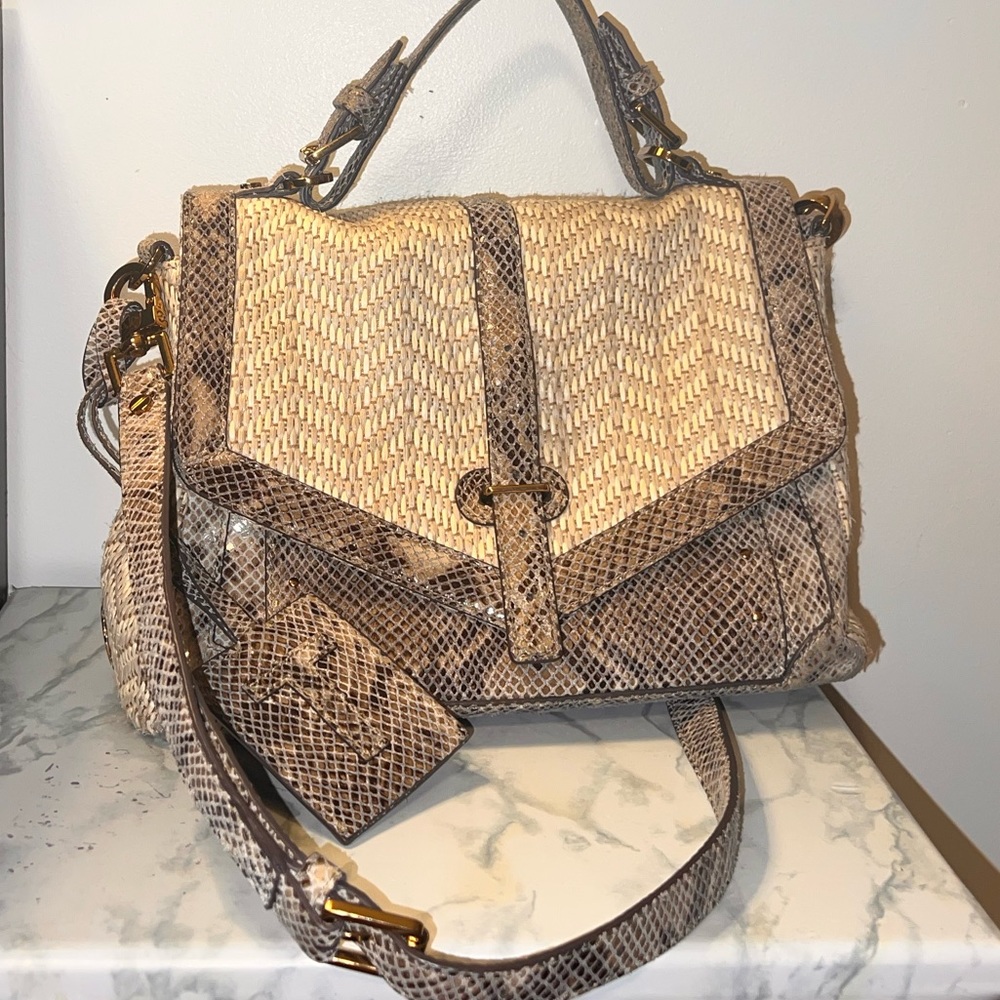 Tory Burch 797  Raffia & Snake Print Satchel